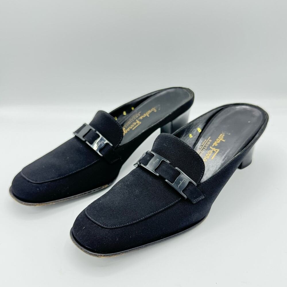 Salvatore Ferragamo Blk Signature Black Mules Slip On Flats Shoes